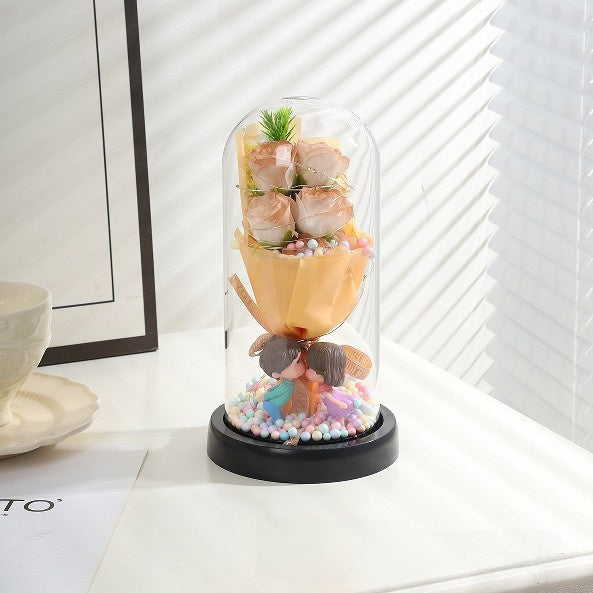 Romantic Rose Soap Bouquet Night Light – Glass Dome Display