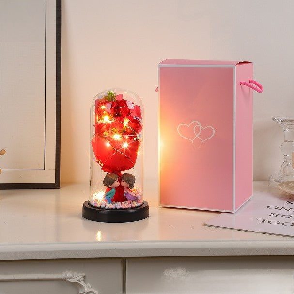 Romantic Rose Soap Bouquet Night Light – Glass Dome Display