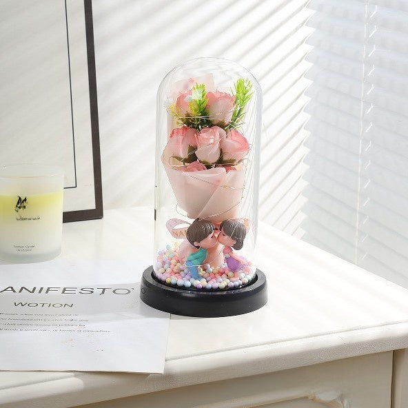 Romantic Rose Soap Bouquet Night Light – Glass Dome Display