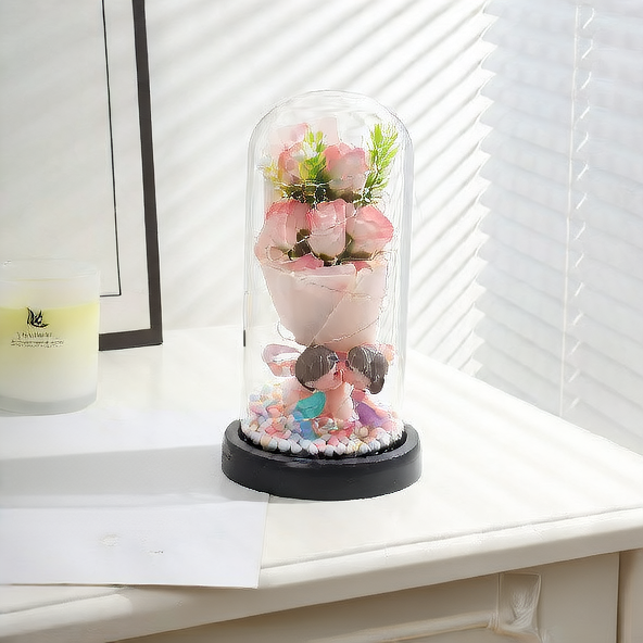 Romantic Rose Soap Bouquet Night Light – Glass Dome Display