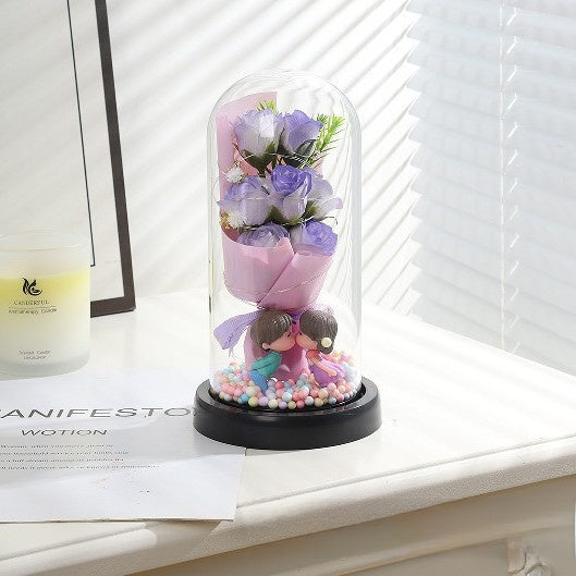 Romantic Rose Soap Bouquet Night Light – Glass Dome Display